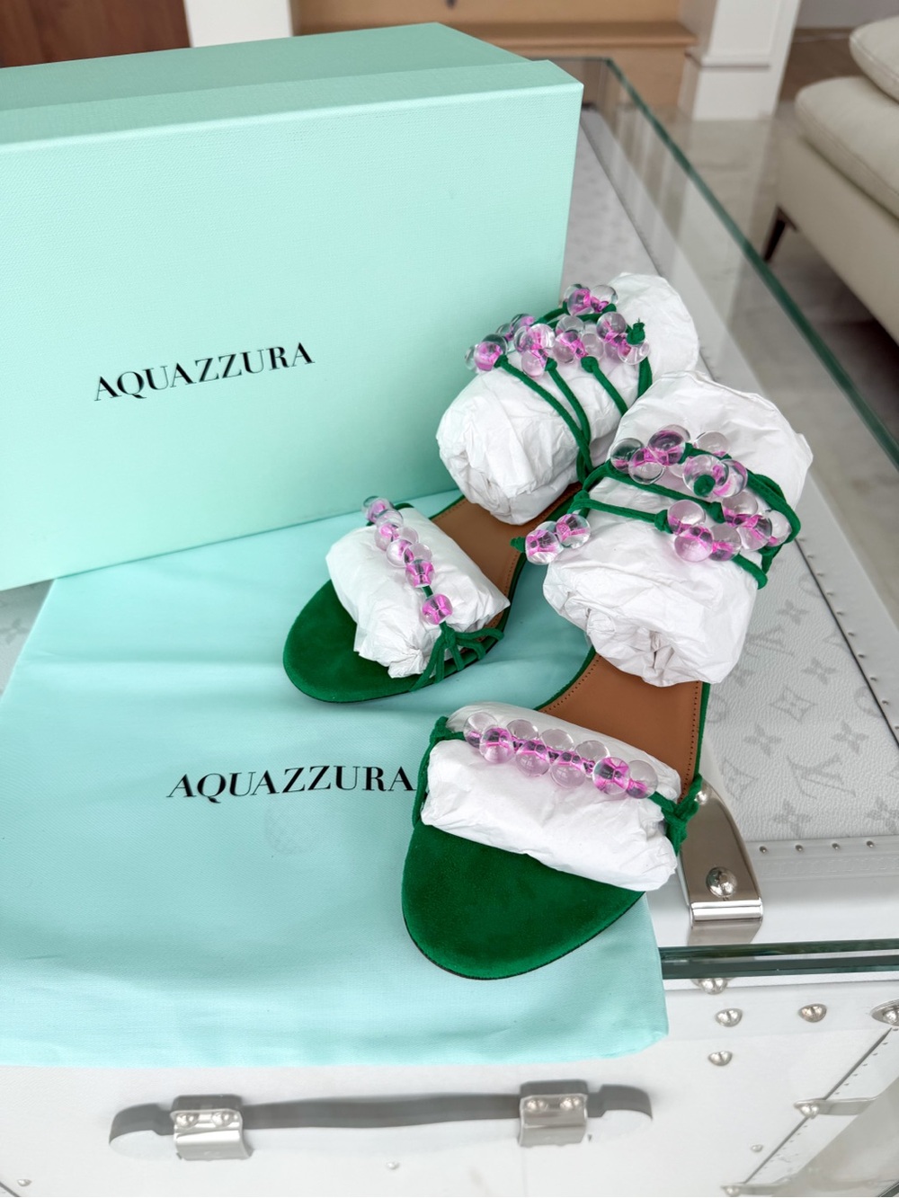New ⭐️ Aquazzura Green Suede Open Toe Sandals Sz 36.5